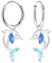 Joy|S - Zilveren dolfijn bedel oorbellen - oorringen - zirkonia blauw