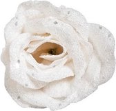 Witte roos met glitters op clip 7 cm - kerstversiering