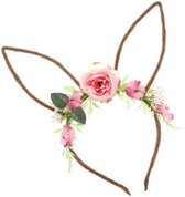 Chaks Verkleed diadeem paashaas/bunny oren - met bloemen - roze - one size