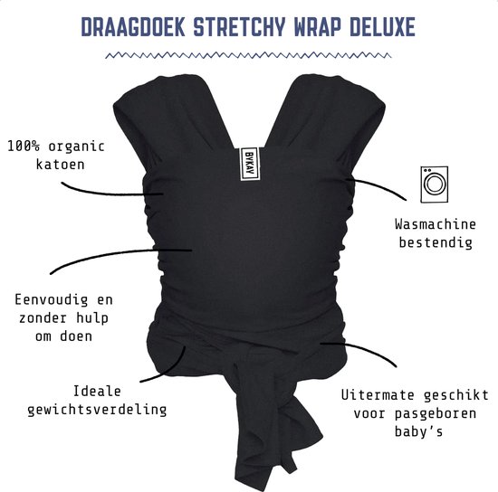 ByKay Stretchy Wrap Deluxe Ergonomische Draagdoek - Rekbare Draagdoek voor Newborn tm 18kg - 100% Organisch Katoen - Buik- en Heupdragend - Zwart - Maat M - Bykay