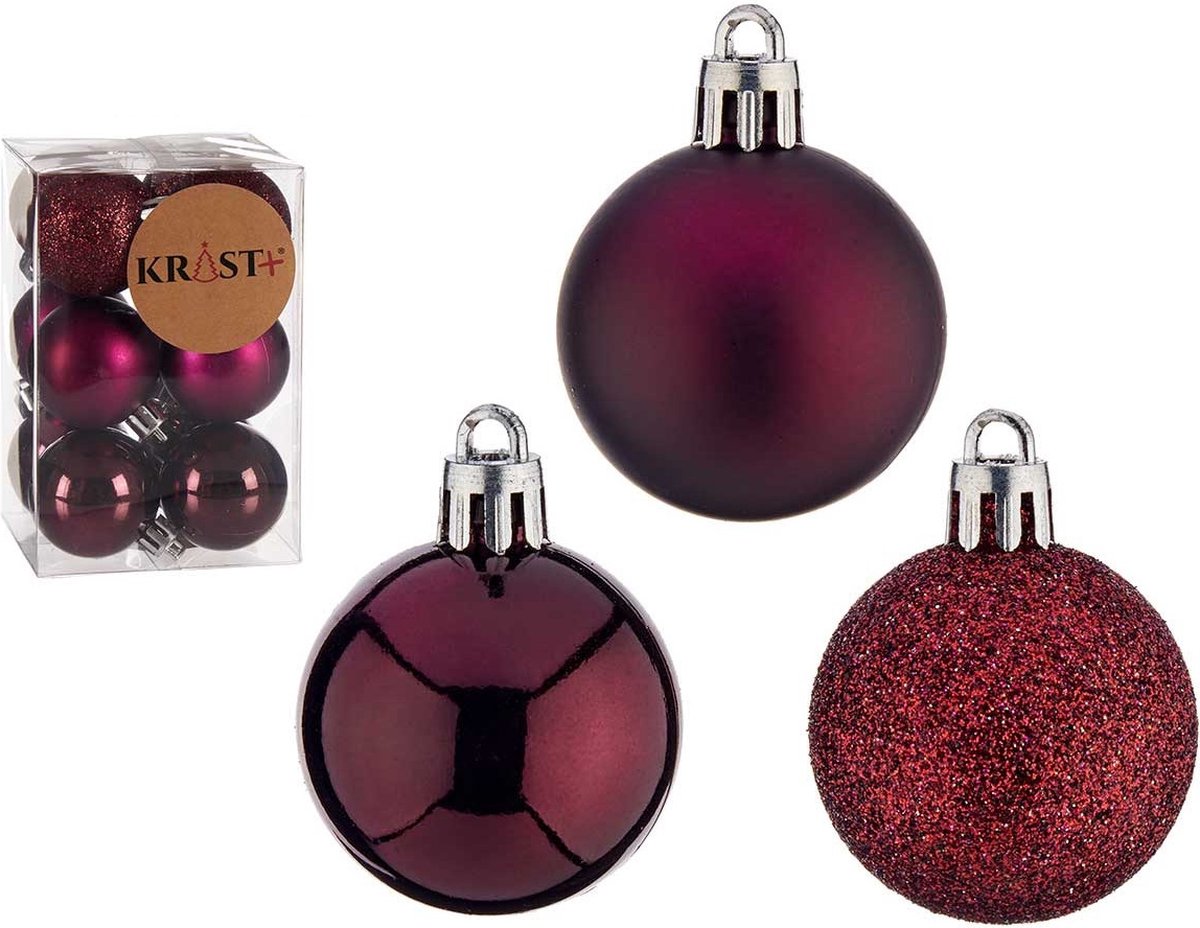 Krist+ kleine kerstballen - 12x stuks - wijn/bordeaux rood - kunststof - 4 cm