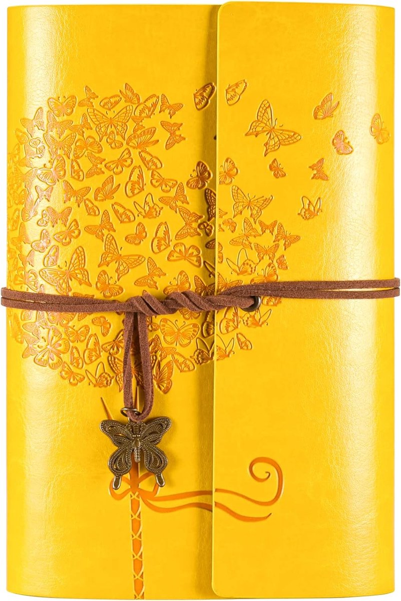Lederen dagboek notitieboek, reisjournalen voor vrouwen, navulbaar vlindernotitieboekje gevoerd persoonlijk dagboek schrijven notitieboek geschenken A6 12,9 x 18,5 cm (geel)