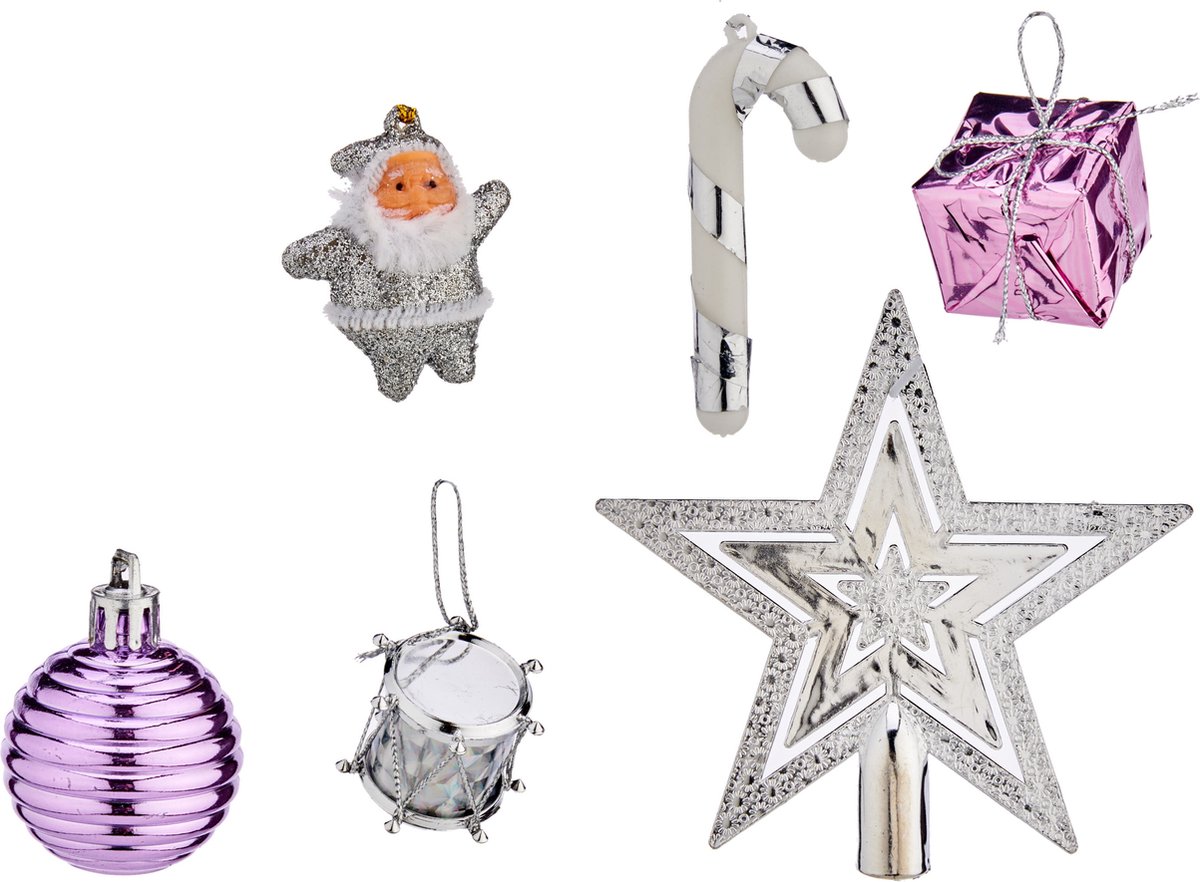 Krist+ Kersthangers - 24-delig - met piek - zilver/paars - voor mini kerstboom
