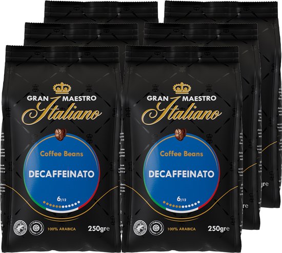Gran Maestro Italiano - Decafinato - Koffiebonen - Bonen voor Espresso en Lungo - Arabica - Cafeïnevrij - 6 x 250 g