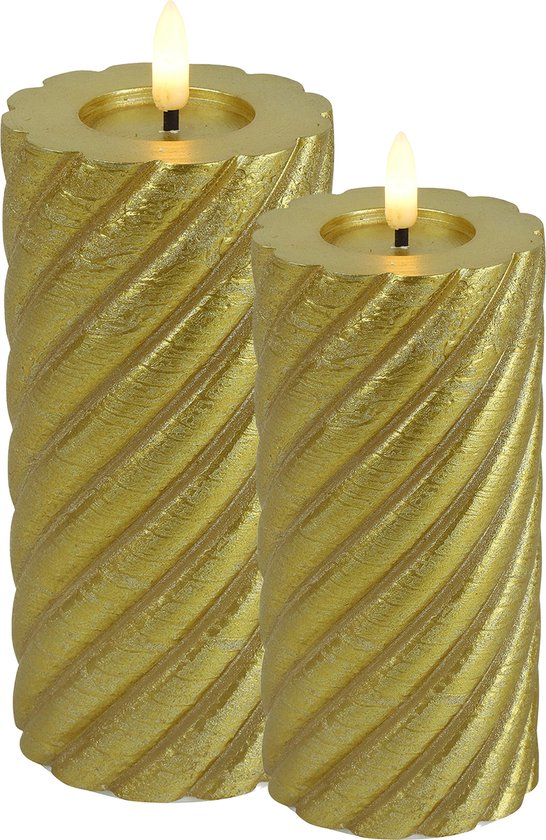 Countryfield LED kaarsen/stompkaarsen set - 2x st - goud - H15 en H20 - swirl