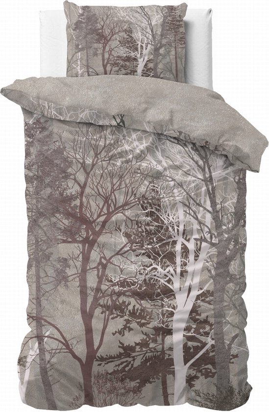 1-persoons dekbedovertrek (dekbed hoes) taupe – bruin met bomen, takken, bladeren, dennenbomen (spar) in het bos / natuur (contour) KATOEN eenpersoons 140 x 220 cm (cadeau slaapkamer beddengoed!)