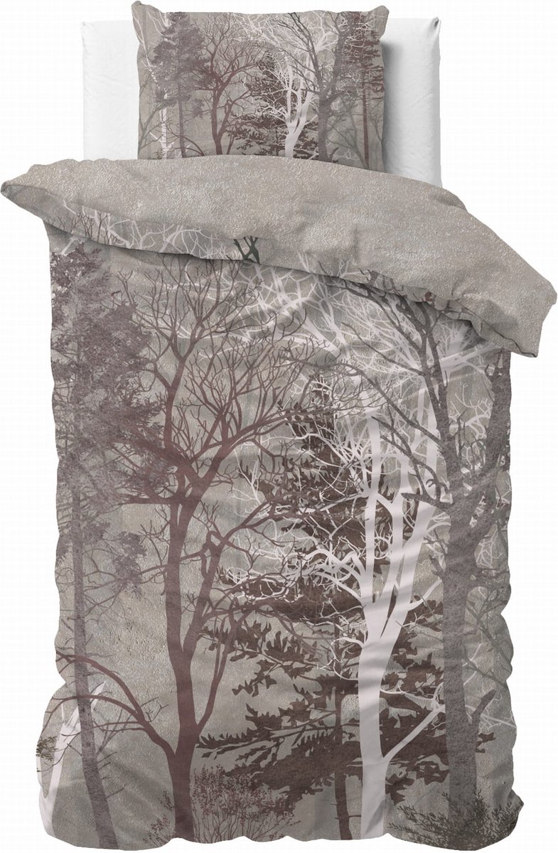 1-persoons dekbedovertrek (dekbed hoes) taupe – bruin met bomen, takken, bladeren, dennenbomen (spar) in bos / natuur (contour) KATOEN eenpersoons 140 x 220 cm (LUXE beddengoed slaapkamer)