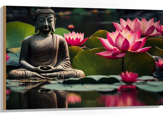 Hout - Buddha - Waterlelies - Bloemen - Bladeren - Water - 105x70 cm - 9 mm dik - Foto op Hout (Met Ophangsysteem)