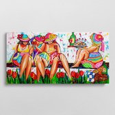 Dikke dames gezellige picknick | Vrolijk Schilderij | 120x60cm | Dikte 4 cm | Canvas schilderijen woonkamer | Wanddecoratie | Schilderij op canvas | Kunst | Corrie Leushuis