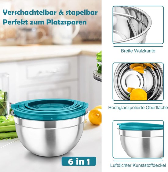 Ensemble 6 Bols Acier Inoxydable Avec Couvercles + Accessoires – Fond Silicone Antidérapant, Râpes, Cuillères Doseuses – Parfait Pâtisserie & Cuisine