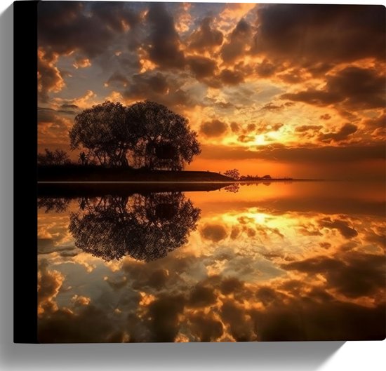 Canvas - Bomen - Water - Zonsondergang - Oranje - Wolken - 30x30 cm Foto op Canvas Schilderij (Wanddecoratie op Canvas)