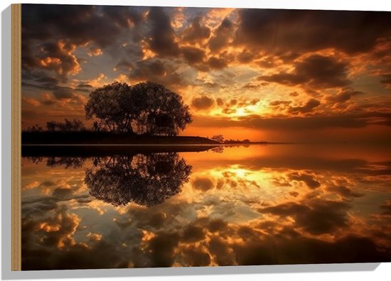 Hout - Bomen - Water - Zonsondergang - Oranje - Wolken - 75x50 cm - 9 mm dik - Foto op Hout (Met Ophangsysteem)