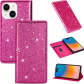 Apple iPhone 15 Plus Glitter Telefoonhoesje - Hoogwaardig PU Leren Bookcase - Pasjeshouder - Roze
