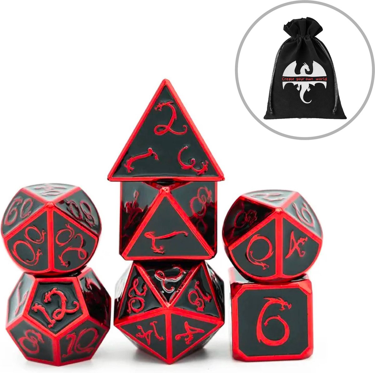 Lapi Toys - Dungeons and Dragons dobbelstenen - DnD - D&D - Polydice - 1 set (7 stuks) - Metaal - Zwart - Rood