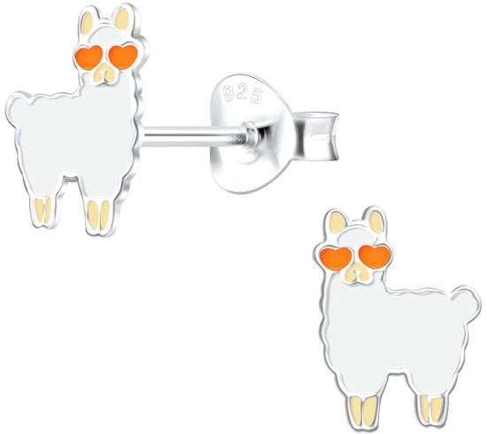 Joy|S - Zilveren Alpaca Lama oorbellen - 6 x 8 mm - wit met oranje hartjes bril