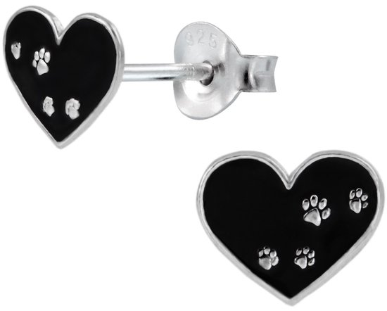 Joy|S - Zilveren hartje oorbellen - 9 x 8 mm - zwart met dierenpootjes
