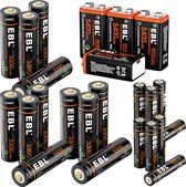 EBL Set van Oplaadbare 12x AA, 8x AAA en 4x 9 Volt Batterijen