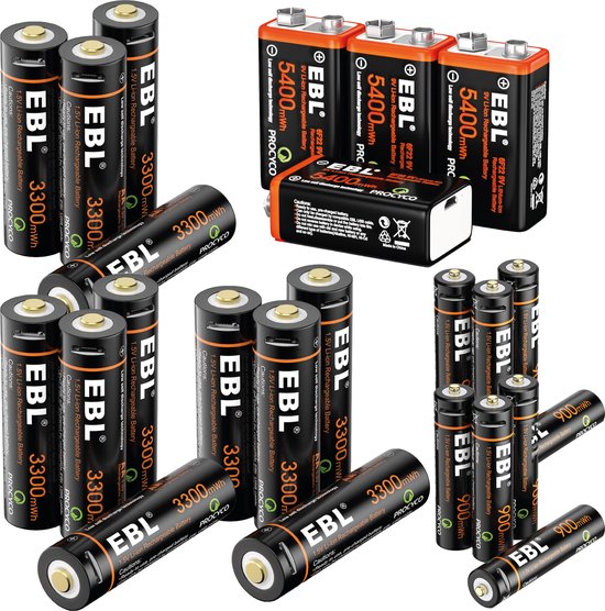 EBL Set van Oplaadbare 12x AA, 8x AAA en 4x 9 Volt Batterijen | bol