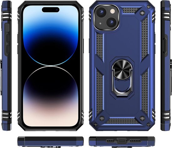 Ensemble de coques de téléphone bleues, vues de face, de dos et de côté, avec un anneau au dos.