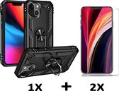 Casemania Coque pour Apple iPhone 15 Plus Zwart & 2X Protecteur d'écran en Verres - Armure Hybride Anti-Choc avec Ring de Béquille