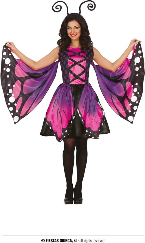 Guirca - Vlinder Kostuum - Prachtige Paarse Dagvlinder Purdy - Vrouw - Paars, Roze, Zwart - Maat 36-38 - Carnavalskleding - Verkleedkleding