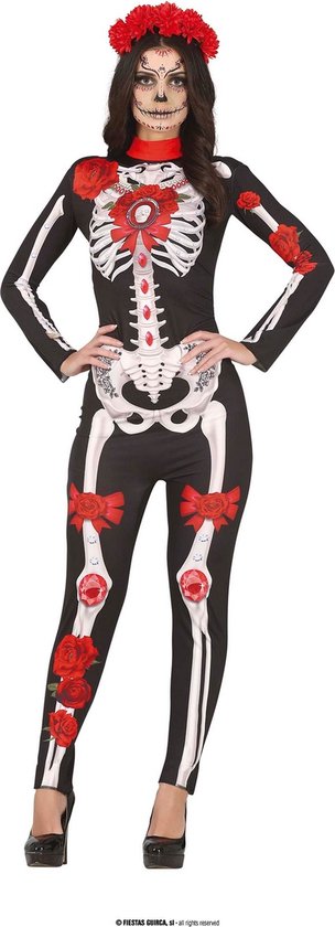 Guirca - Costume Espagnol & Mexicain - Sexy Diamond Skeleton Diana - Femme - Rouge, Zwart, Wit / Beige - Taille 36-38 - Halloween - Déguisements