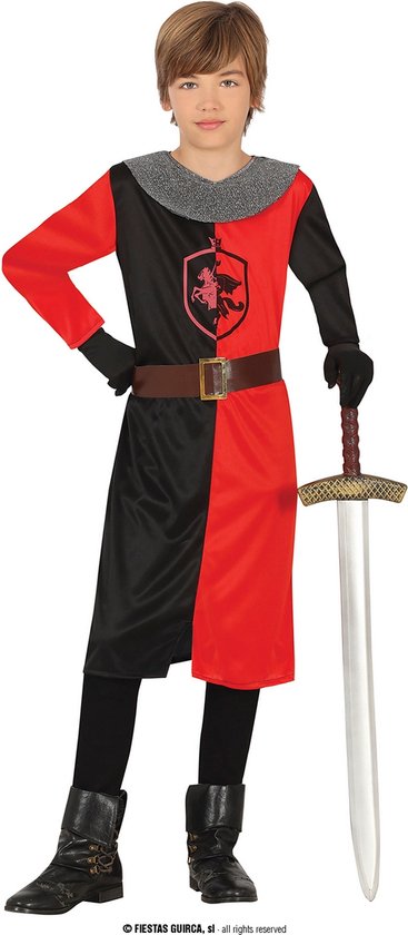Guirca - Middeleeuwse & Renaissance Strijders Kostuum - Rode Ridder Bernhard Van Horses Kind Kostuum - Rood, Zwart - 10 - 12 jaar - Carnavalskleding - Verkleedkleding
