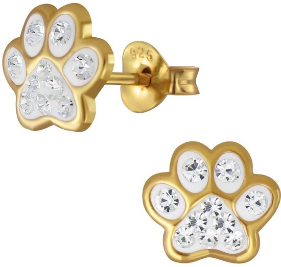 Joy|S - Zilveren kat hond dierenpoot oorbellen - kristal - 14k goudplating