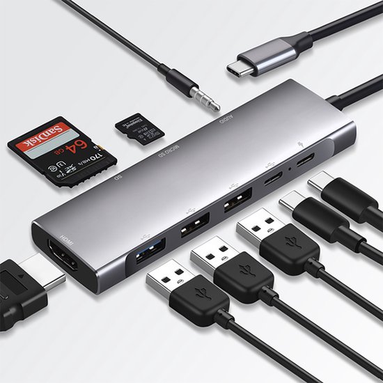 M-TECK 9-in-1 USB-C Docking Station USB-C Hub met HDMI - 3 x USB3.0 - USB-C (opladen) - SD/Micro SD - 3.5mm Audio voor Laptop en MacBook