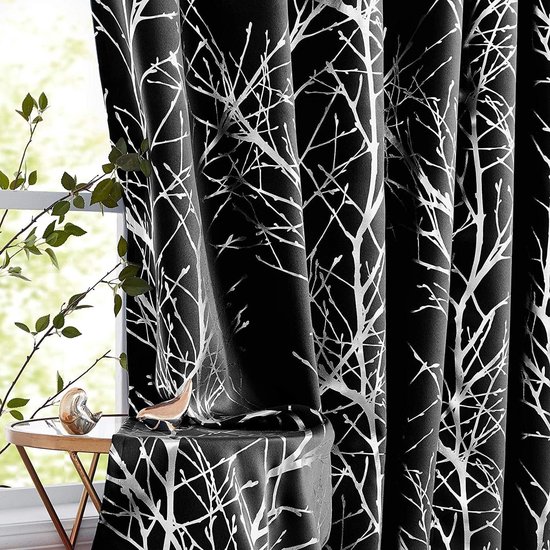 Metallic Twig ondoorzichtige gordijnen, zwart/zilverfolie verduisteringsgordijnen met oogjes, thermisch geïsoleerde ondoorzichtige gordijnen voor woonkamer, slaapkamer (zwart/zilver – 132 x 245 cm)