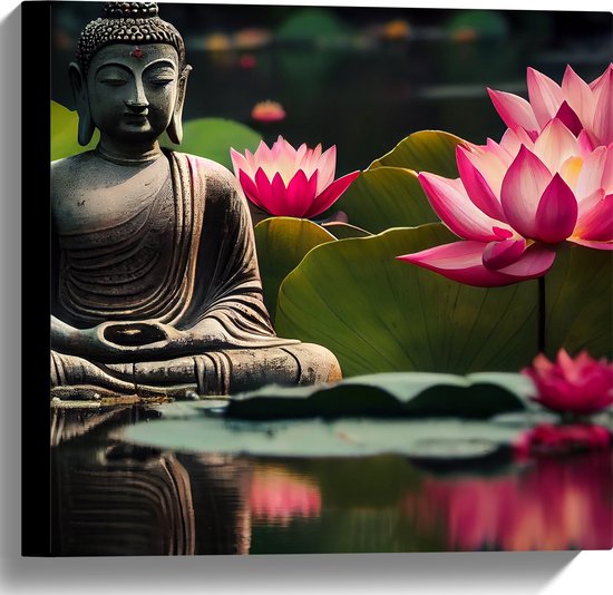 Canvas - Buddha - Waterlelies - Bloemen - Bladeren - Water - 40x40 cm Foto op Canvas Schilderij (Wanddecoratie op Canvas)