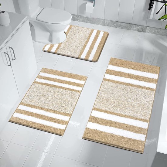 Set de 3 tapis de salle de bain lavables et antidérapants, tapis de toilette doux et absorbant, tapis de toilette avec tapis de douche en microfibre découpé, beige