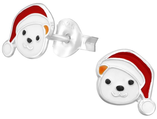 Joy|S - Zilveren kerst beer oorbellen - 7 mm - met rode muts - kerst oorknoppen - kinderoorbellen