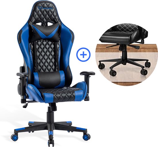 K IKIDO - Chaise de jeu - Chaise de bureau - Chaise de Gaming - Coussin pour le cou et le dos - Hauteur d'assise réglable - Bureau/Maison/ Gaming - Zwart/ Blauw