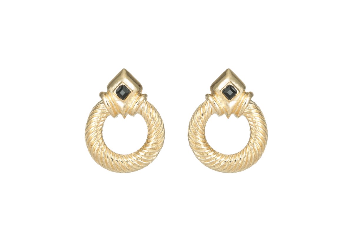 Emilie collection - oorbellen - goudkleurig - steen zwart - rond