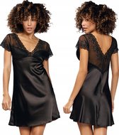 Satijnen nachthemd met korte mouwen en kant - DKaren Josephine, zwart XL