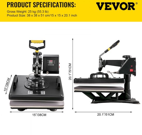 VEVOR Machine Impression Textile 5 en 1 Presse à Chaud Noire 29x38
