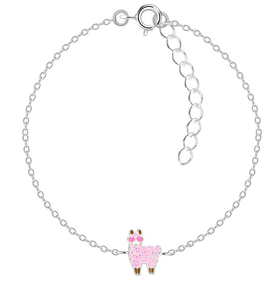Joy|S - Zilveren alpaca lama armband - 13 cm + 3 cm extension - roze alpaca met glitters en hartje zonnebril - armband voor kinderen