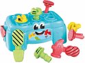 Blauwe Clementoni baby werkbank met vrolijk gezicht, hamers, schroeven en moeren in rood, groen en geel.