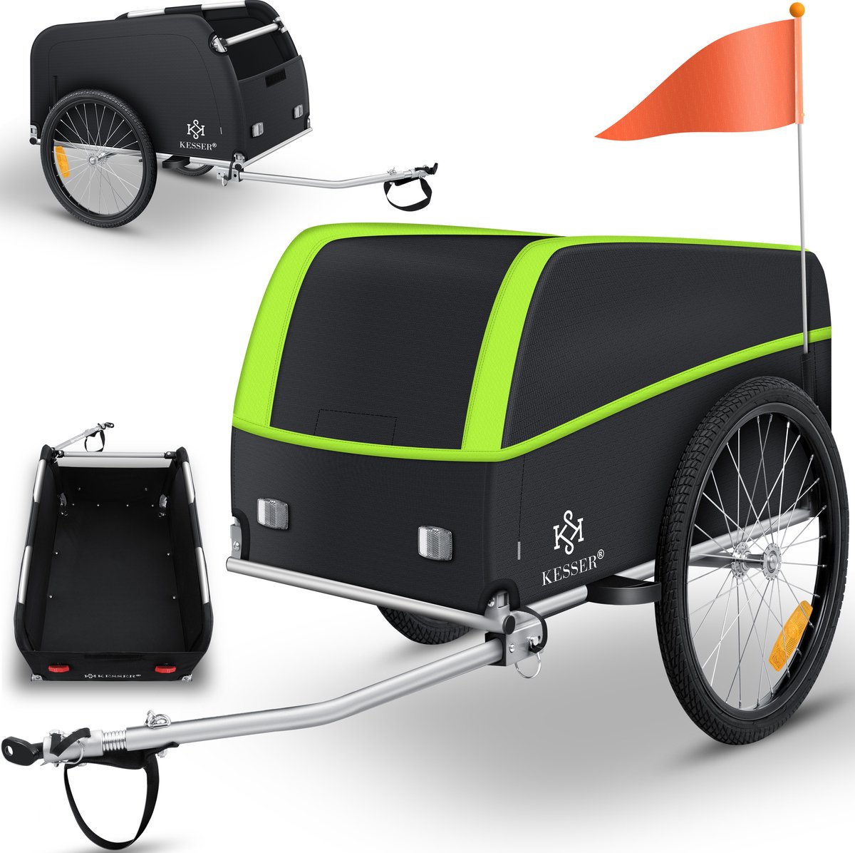 KESSER® Fietskar Fietsaanhanger met koppeling Bagagefietskar, Incl. afdekking Inklapfunctie Hoge dissel Aanbouwdelen Aanhangwagen voor fiets Transportbox met 120 Liter Max. 40 kg - Lichtgroen / Antraciet