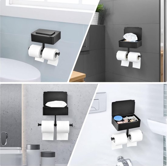 Rayofly Vrijstaande Toiletrolhouder Opbergruimte met Plank, Badkamer Toiletrolhouder Staand, Boho Rotan Toiletrol Opbergruimte, Zwarte Toiletrolhouder voor 4 Rollen Toiletpapier
