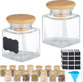Pots à épices carrés Relaxdays - set - couvercle en bambou - pots en verre avec étiquette - 50 ml