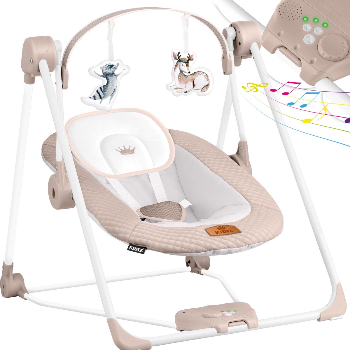 KIDIZ® Wipstoel Baby Elektrisch Babyschommel tot max 9kg - Schommelstoel voor Baby Swing met Speelboog en 5 schommelsnelheden - Beige