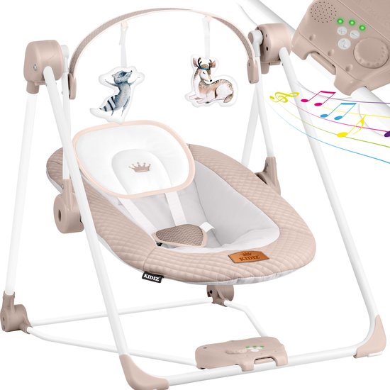 KIDIZ® Wipstoel Baby Elektrisch Babyschommel tot max 9kg - Schommelstoel voor Baby Swing met Speelboog en 5 schommelsnelheden - Beige
