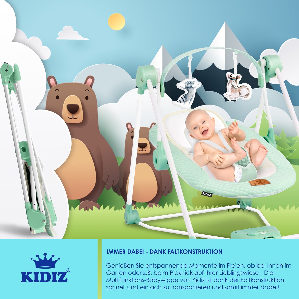 KIDIZ Wipstoel Baby Elektrisch Babyschommel tot max 9kg - Mintgroen thumbnail 6