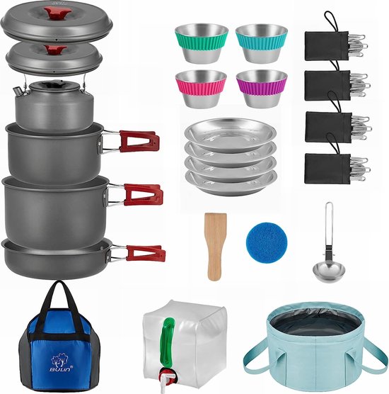 Camping kookgerei, set, campingservies voor gaskoker, aluminium, pannenset, opvouwbaar, kookpan, outdoor servies, pan, picknickservies voor camping, hiking, trekking, wandelen, 37-delig (3-4 personen)