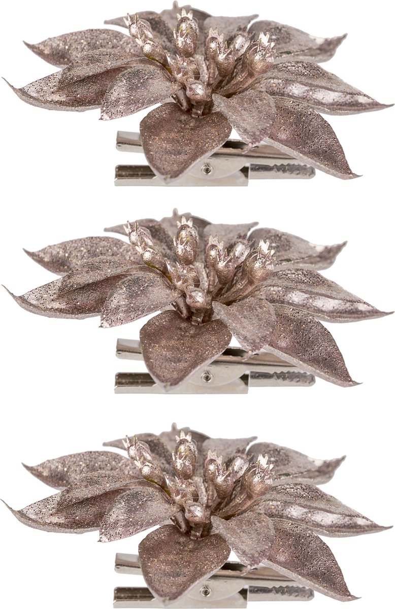 4x stuks decoratie bloemen kerststerren roze glitter op clip 9 cm - Decoratiebloemen/kerstboomversiering