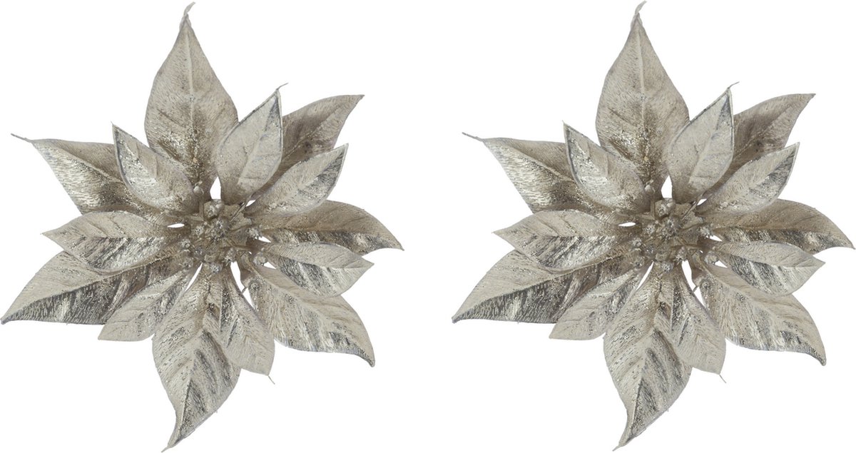 2x stuks decoratie bloemen kerststerren champagne glitter op clip 18 cm - Decoratiebloemen/kerstboomversiering