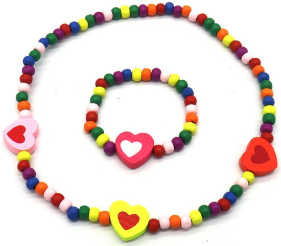 Foto: Ketting en armband voor kinderen set sieraden van hout hartjes