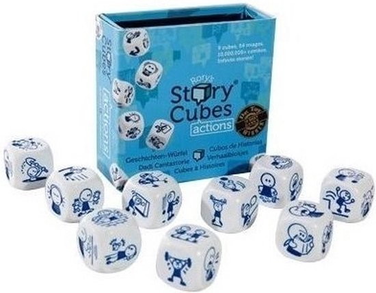 De doos van Rory's Story Cubes Actions, omringd door negen dobbelstenen met actie-iconen.